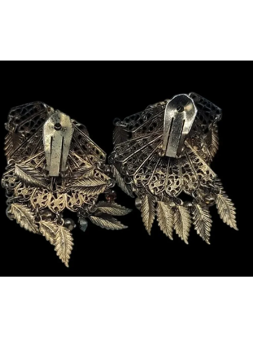 VTG Miriam Haskell Feather Rhinestones Clip On Earrings 1930s Statement Unsigned - Picture 14 of 15